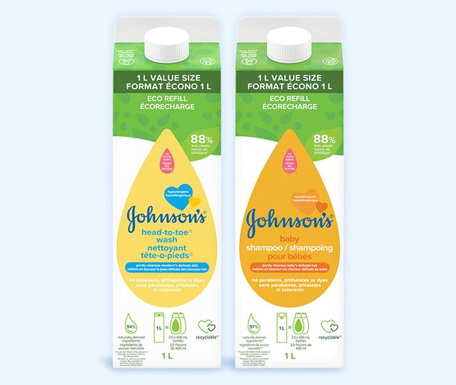 JOHNSON’S® HEAD-TO-TOE® Wash Refill Box and Baby Shampoo Refill Box, 1L each